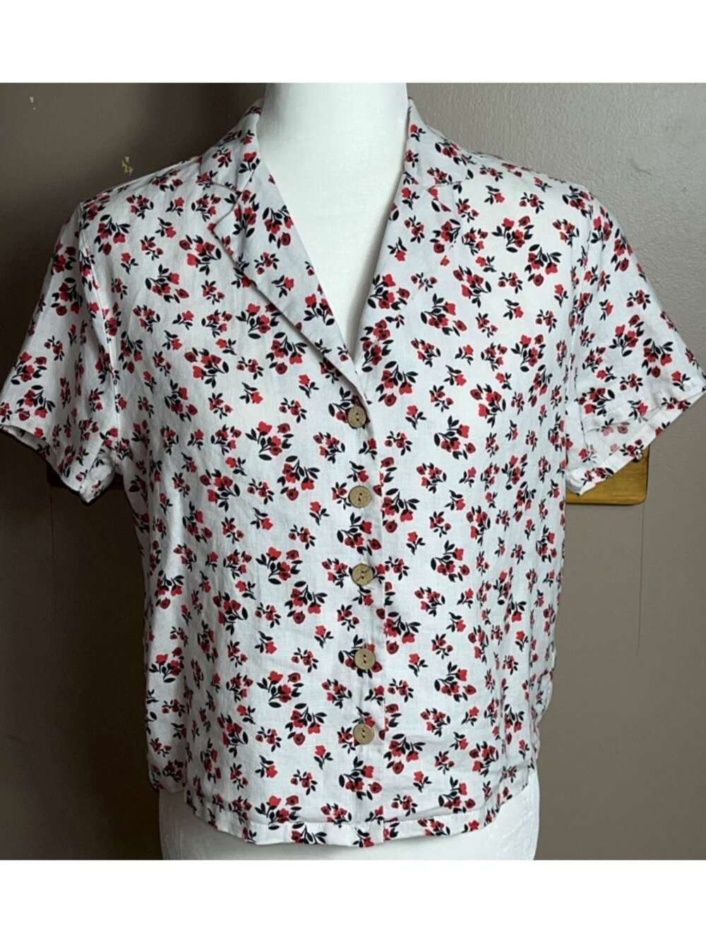 Cynthia Rowley Linen Button Shirt Red Floral Boxy Blouse Top Crop Preppy Wom XS - Picture 8 of 8